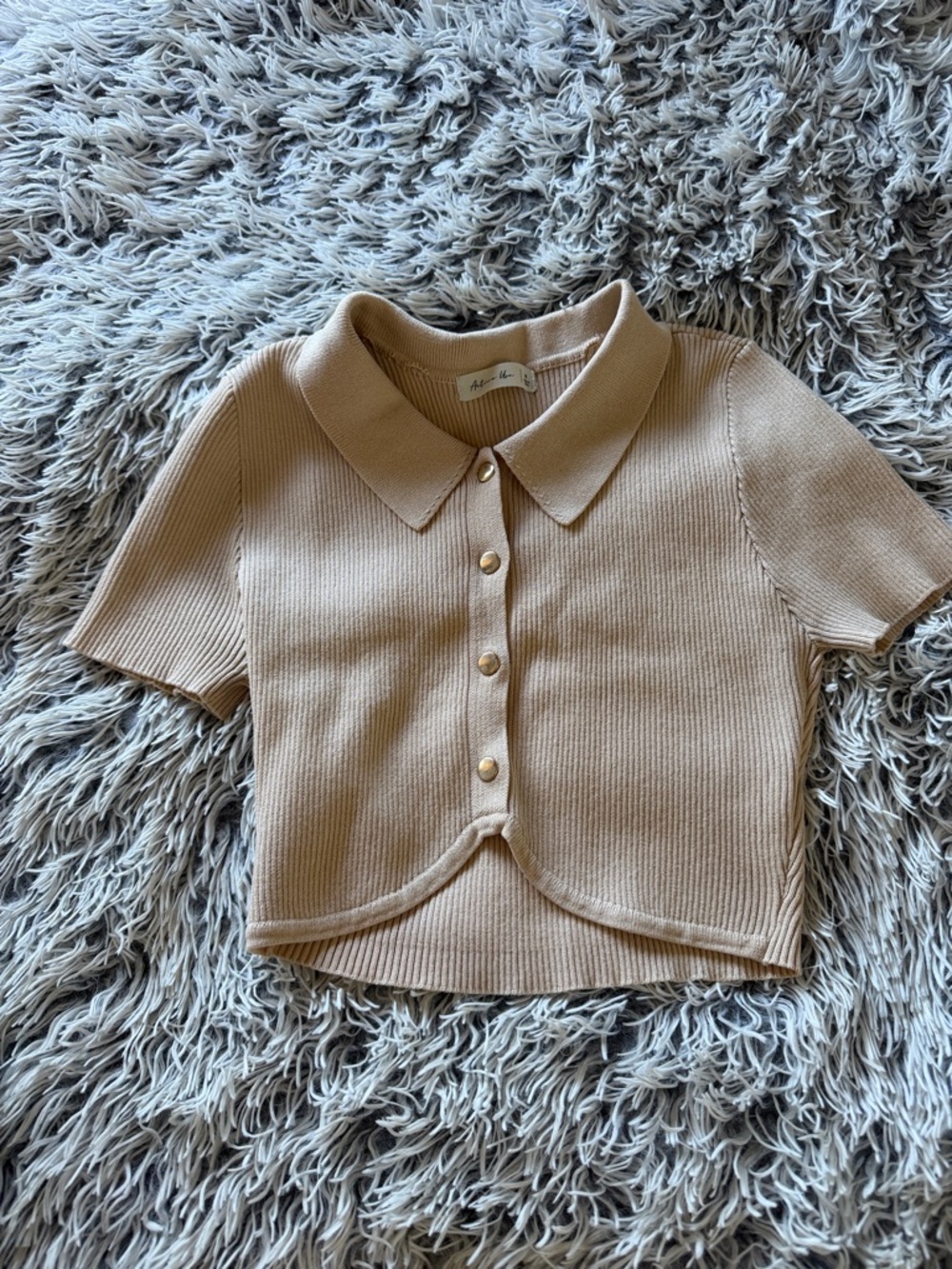Active USA Beige Ribbed Knit Polo Crop Top